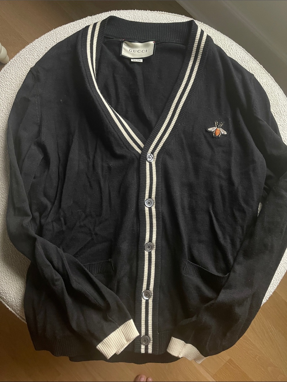 Gucci Black V-Neck Cardigan with Stripe Trim and Bee Patch
